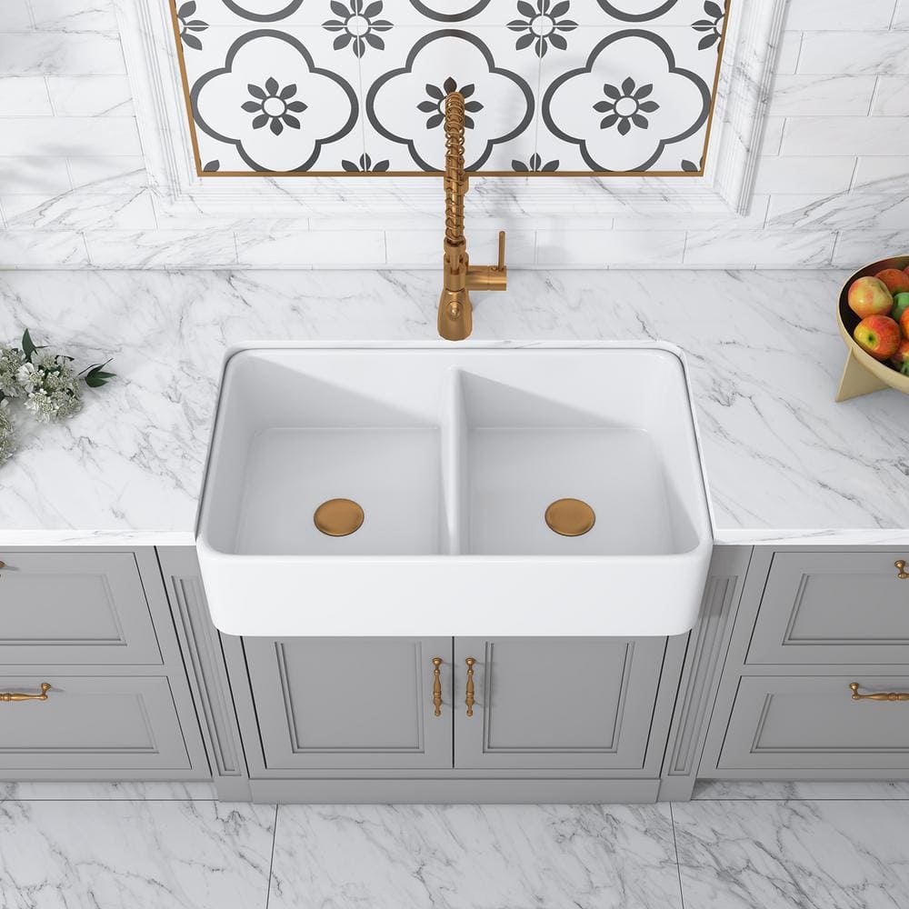 Trieste 32'' White Fireclay Double Bowl Farmhouse Sink