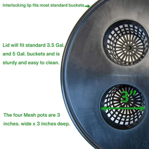 Viagrow Plastic Mesh Bucket Lid, 4-Site 3 in. Net Pots, BPA Free 5 Gal./3 gal. Lid for Hydroponic Systems, Bucket Systems