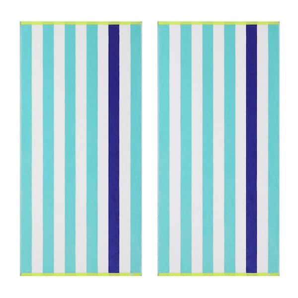 Beachside 2-Piece Seamist Blue/Lime Green Cotton Blend Velour 36Wx68L Beach Towel Set