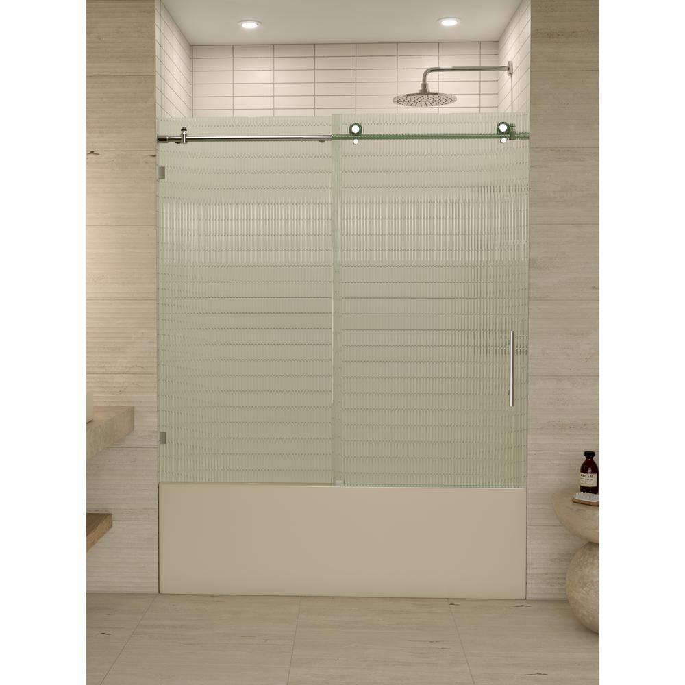 Galaxy 60" Frameless Fluted Glass Sliding Bathtub Door in Chrome