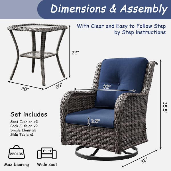 JOYSIDE - 3-Piece Wicker Swivel Outdoor Rocking Chairs Patio Conversation Set with Blue Cushions