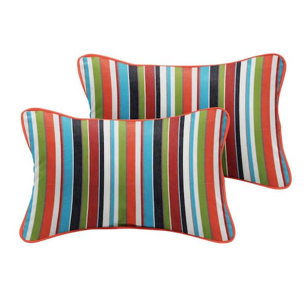 SORRA HOME Sunbrella Colorful Stripe with Melon Coral Orange Rectangular Outdoor Corded Lumbar Pillows (2-Pack)