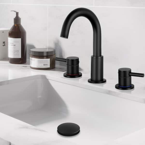 AKLFGN 8 in. Widespread 2-Handle Low Arc Bathroom Faucet With Pop