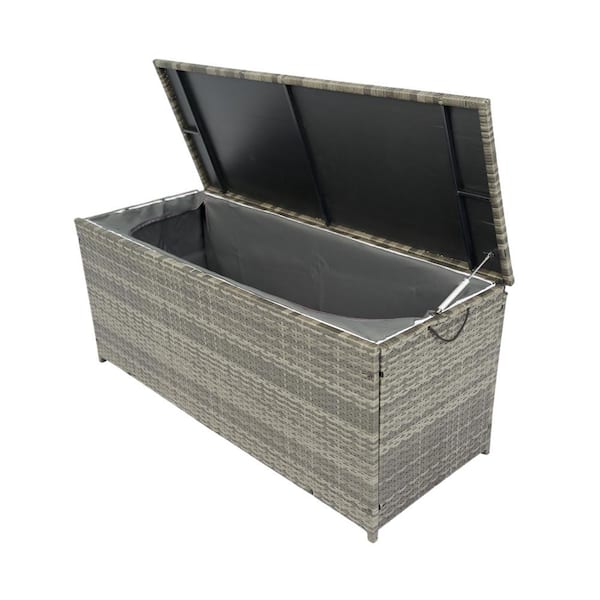 113 Gal. Wicker Patio Deck Boxes with Lid, Outdoor Storage for Kids Toys, Pillows, Towel Gray for Indoors and Outdoors