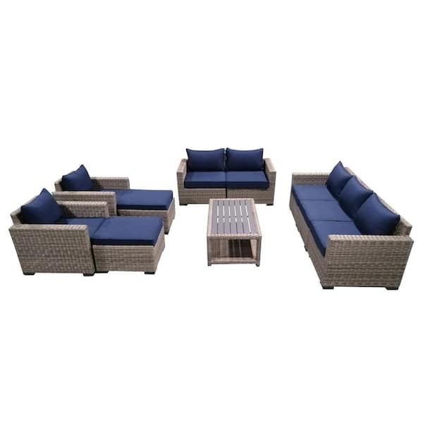 Andmakers 10 Piece Wicker Rattan Outdoor Sectional Set With Blue Cushions And Coffee Table Cs W112 The Home Depot Andmakers 10 Piece Wicker Rattan, Corvus 8 Piece Grey Wicker Patio Furniture Set With Blue Cushions