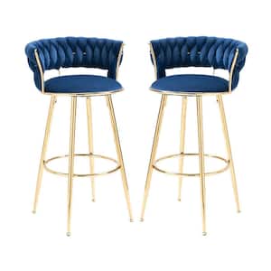 35 in. Navy Blue Velvet Metal Frame Cushioned Bar Stool with Gold Metal Legs (Set of 2)