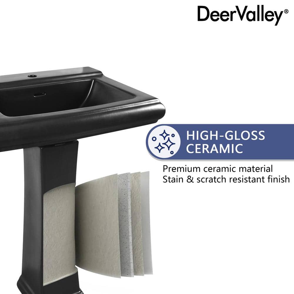 Apex Black Ceramic Rectangular Pedestal Sink with Single Faucet Hole