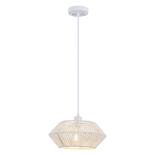 ADSENSTY 1-Light White Cage Chandelier with Rattan Shade, Adjustable Hanging Length Semi-Flush Mount Light