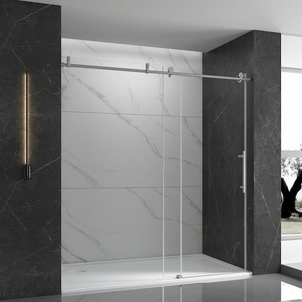 EPOWP 60 in. W x 76 in. H Single Sliding Frameless Shower Door in Stainless Steel Finish with Clear Glass