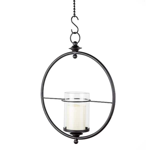 DANYA B Round Black Wrought Iron and Glass Hanging Hurricane Candle ...