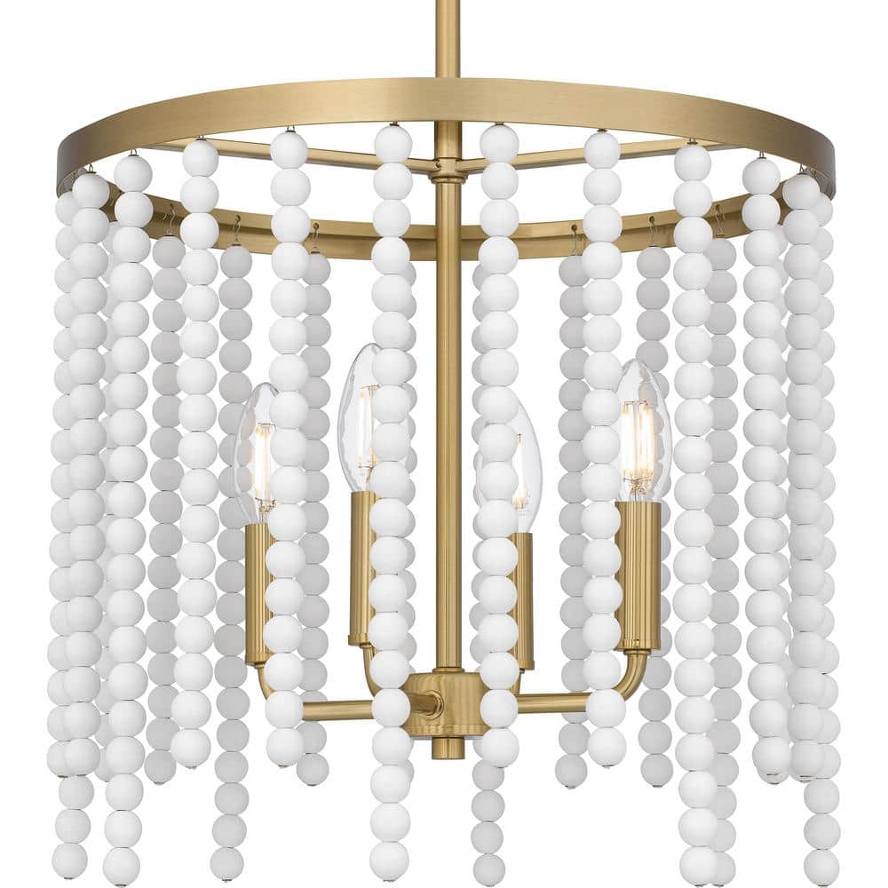 Aged Brass Drum Pendant Light with White Beads