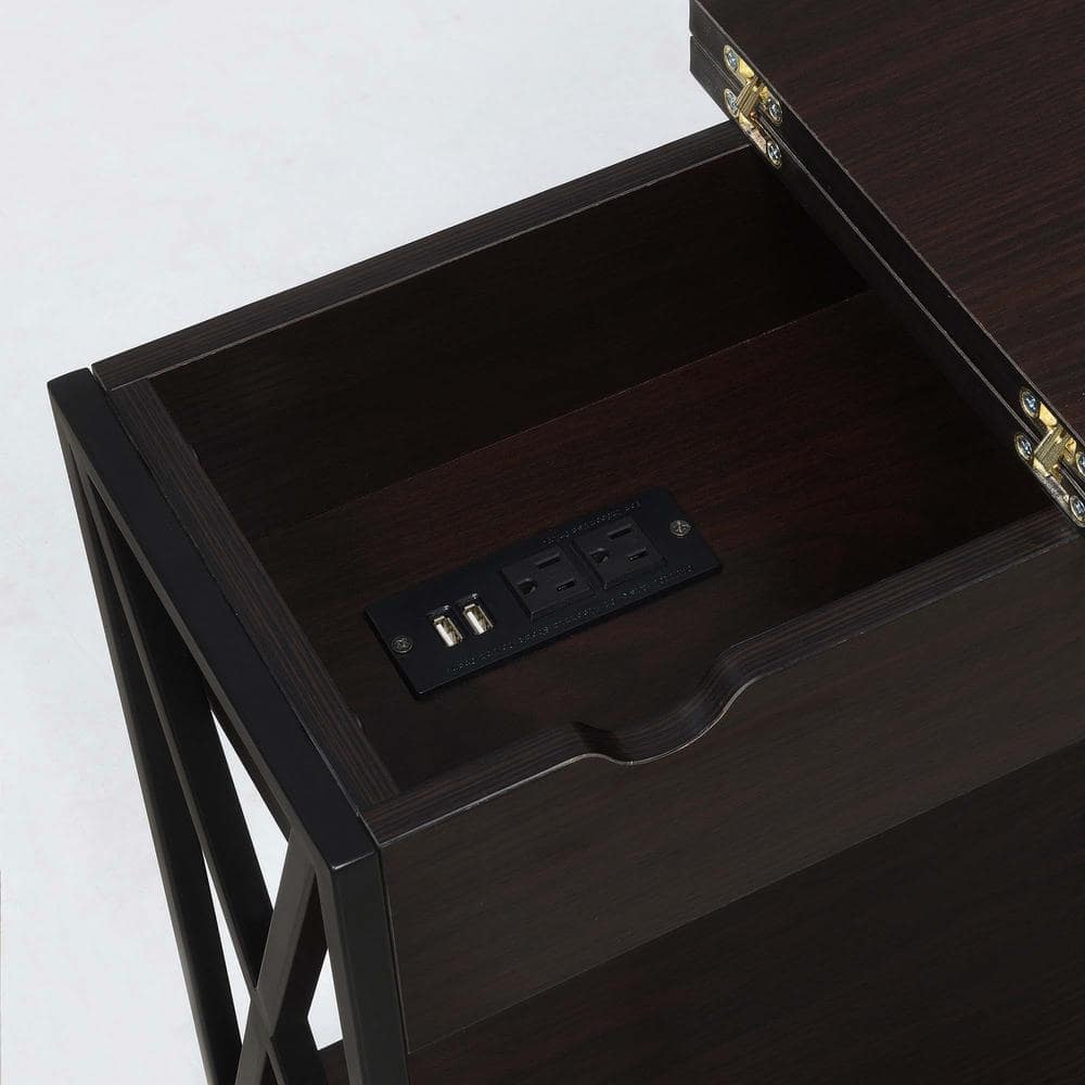 Espresso and Black Wood Metal Square End Table with Charging Station