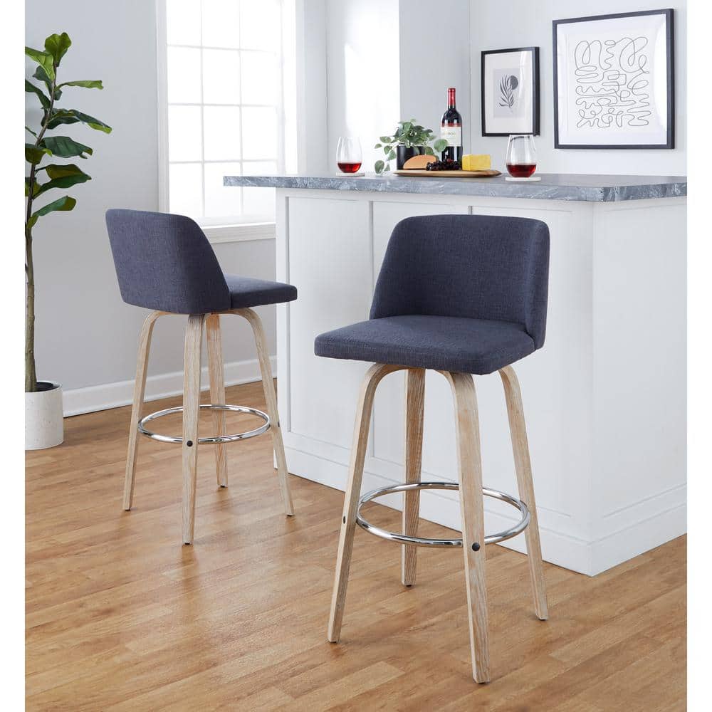 Blue Swivel Bar Stools with Whitewashed Wood Frame, Set of 2