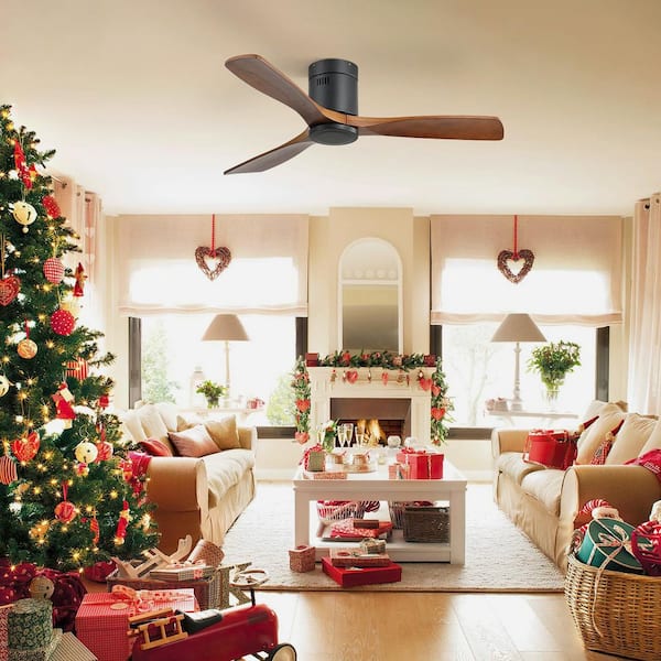 52 in. Indoor/Outdoor Black Low Profile Wood Ceiling Fan Without Light, 6-Speed DC Motor and Remote Control