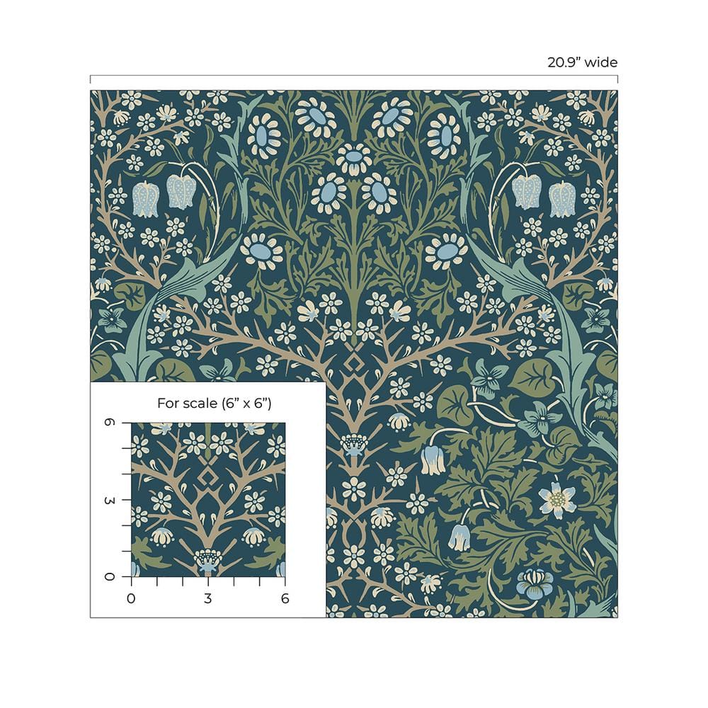 Prussian Blue and Moss Green Damask Peel and Stick Wallpaper