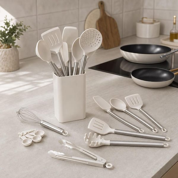 Numhew 33-Piece Silicone Kitchen Utensil Set for Nonstick Cookware, Silicone and Stainless Steel Pot and Pan Accessory, White