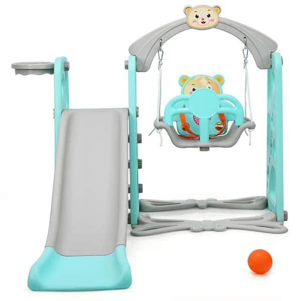 Costway 4-in-1 Toddler Climber and Swing Set with Basketball Hoop and Ball Green