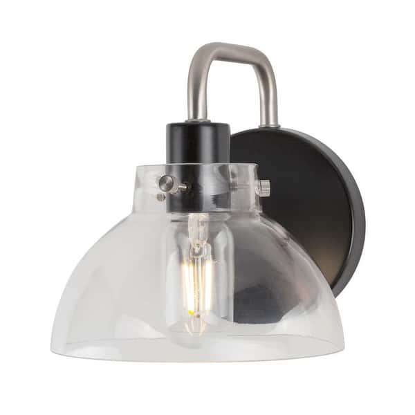 Della 1-Light Black and Brushed Nickel Wall Sconce Vanity Light with Clear Glass
