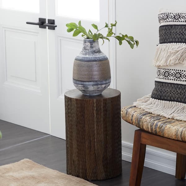 Litton Lane 12 in. Brown Intricately Carved Medium Cylinder Wood End Table