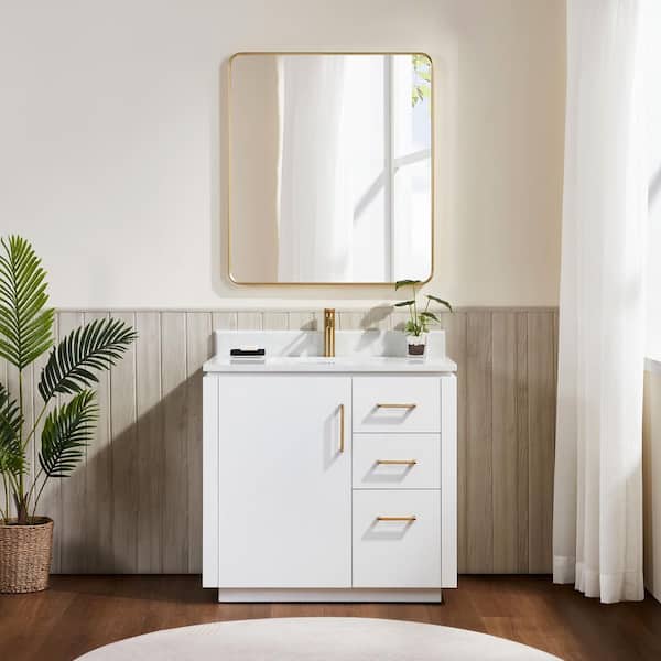 ROSWELL San 36 in. W x 22 in. D x 33.8 in. H Single Bath Vanity in White with White Engineered Stone Composite Top