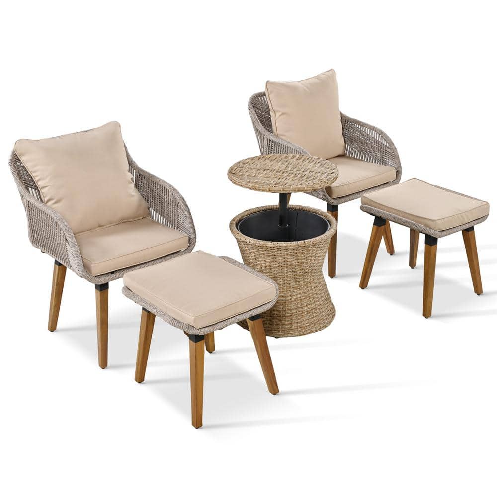 Brown 5-Piece Metal Patio Conversation Set with Bar Table, Ottomans, Brown 