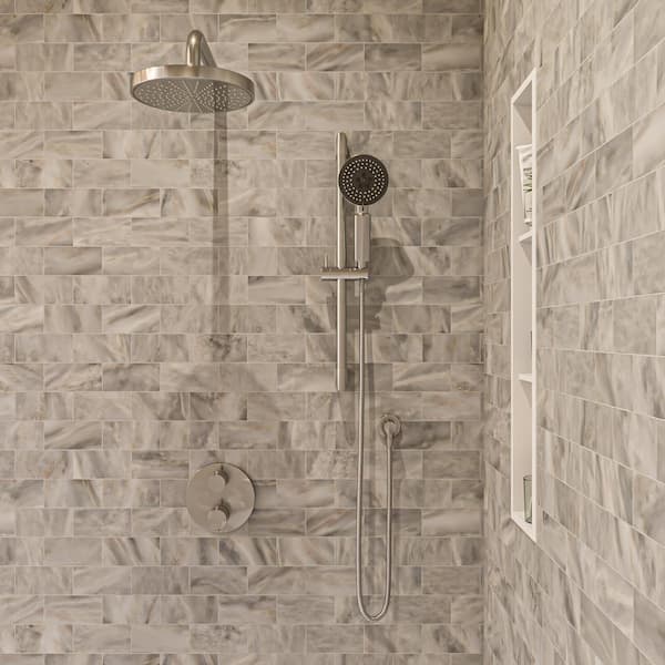 1-Spray Dual Showerhead and Handheld Showerhead with Temperature Control in Brushed Nickel 1-Spray Dual Showerhead and Handheld Showerhead with Temperature Control in Brushed Nickel
