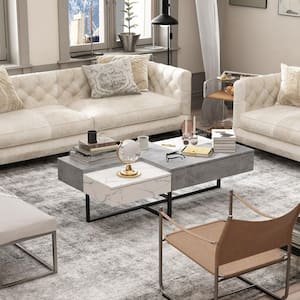 51.2 in. W Marble Texture Rectangle Wood Coffee Table Console in Gray & White With Trestle Base and 4-Drawers
