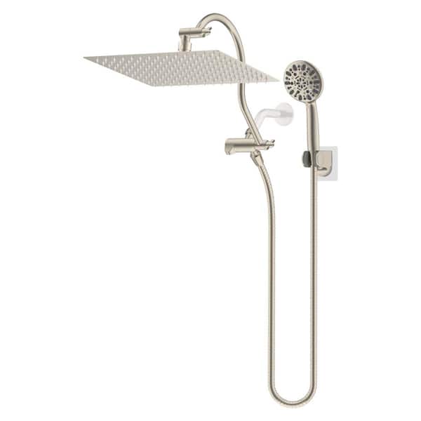 Hibbent High Pressure 7-Spray 12 in. Dual Wall Mount Fixed and Handheld Shower Head 1.8 GPM in Brushed Nickel Finish