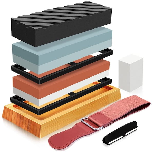 4-Side Emery Grit Whetstone, Knife Sharpening Stone with Non-slip Base, Leather Strop, Flattening Stone and Angle Guide