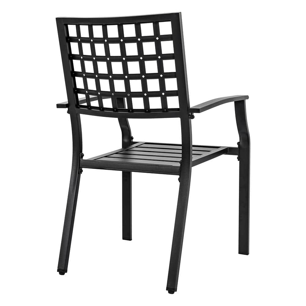 Black Wrought Iron Stackable Outdoor Dining Chairs with Armrest, Set of 2