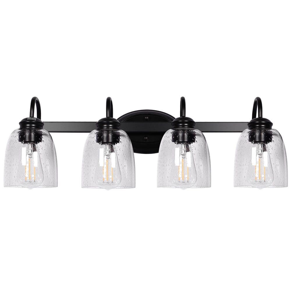 25.2 in. 4-Light Matte Black Modern Bathroom Vanity Light with Black Accents and Seeded Glass Shade for Dressing Room price history on PriceWatchPro