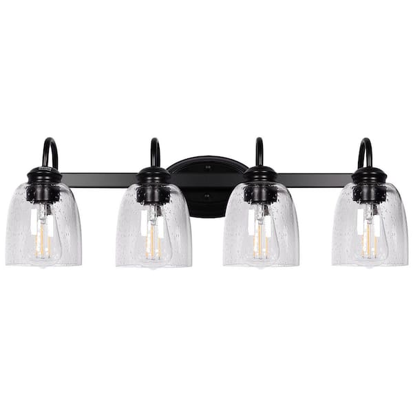 25.2 in. 4-Light Matte Black Modern Bathroom Vanity Light with Black Accents and Seeded Glass Shade for Dressing Room