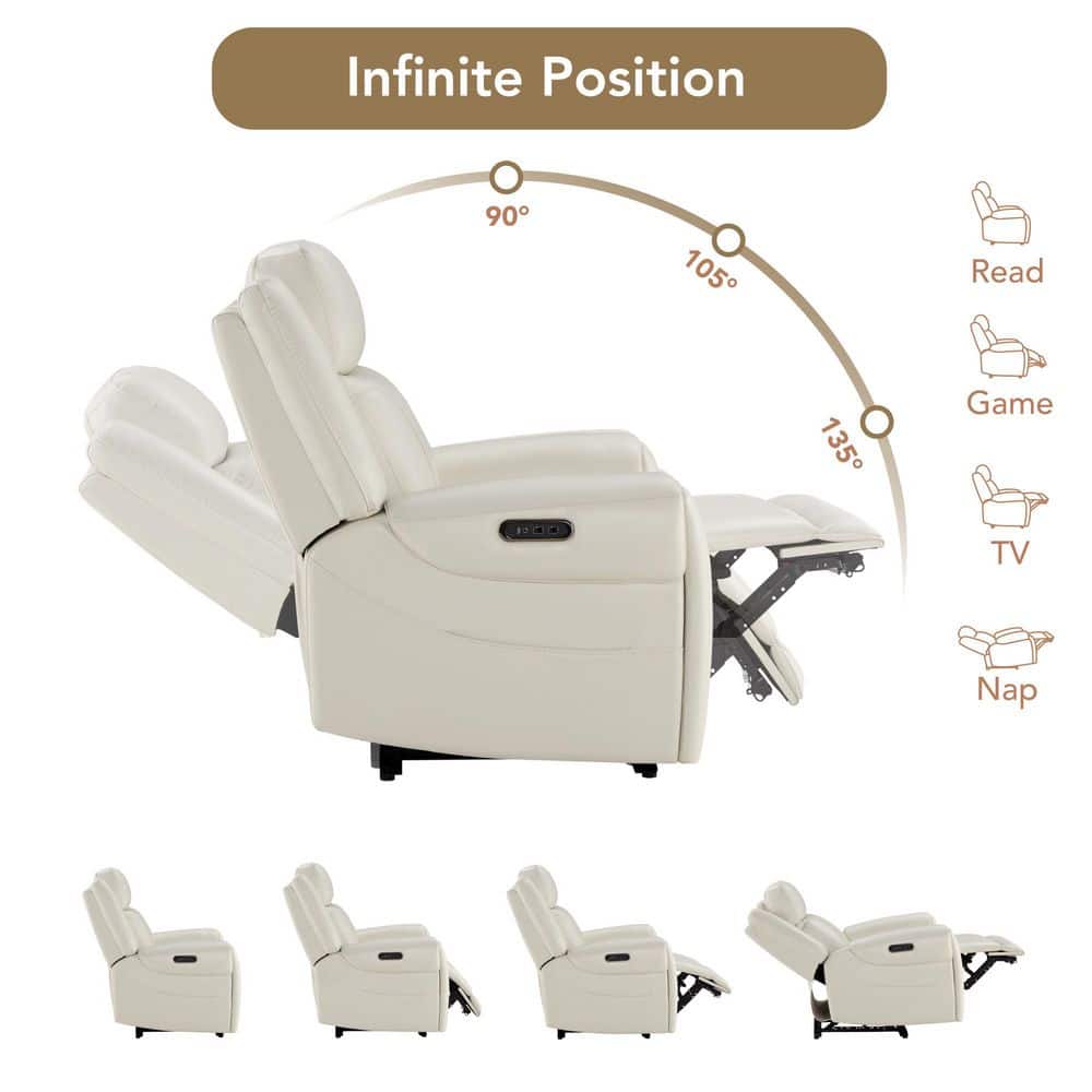 Rhea Dual Motors Cream Genuine Leather Wall Hugger Power Recliner with Cup Holders, Side Pockets, USB&Type-C Ports - thumbnail 6