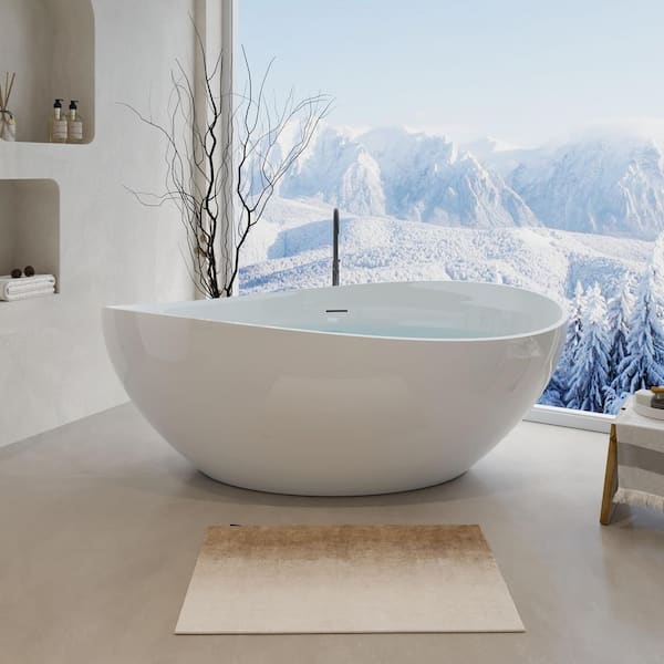 63 in. x 37.4 in. Freestanding Solid Surface Resin Stone Soaking Bathtub with Drain and Overflow in Glossy White