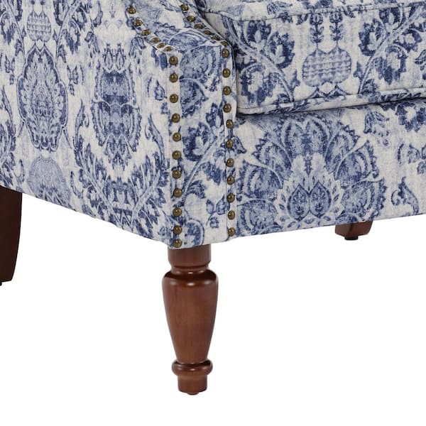 Uixe Retro Navy Blue Floral Pattern Linen Nailhead Trim