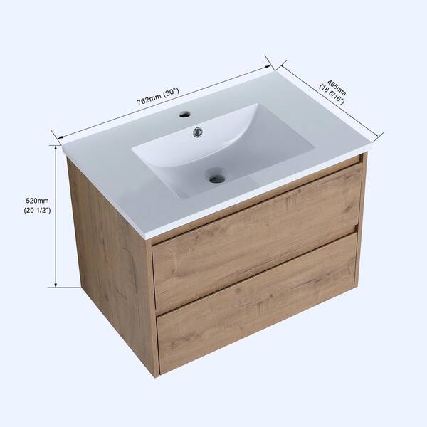 Modern 30 in. W X 18 in. D x 20 in. H Bath Vanity in Imitative Oak with  White Ceramic Vanity Top