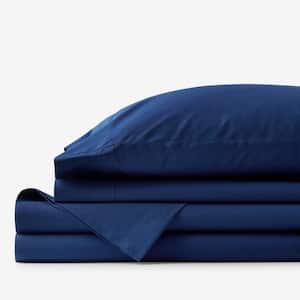 Company Essentials 4-Piece Navy Solid 200-Thread Count Organic Cotton Percale Queen Sheet Set