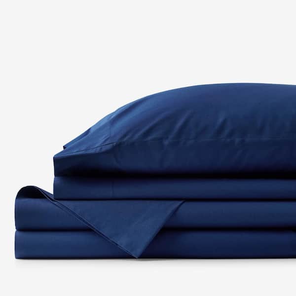 The Company Store Company Essentials 4-Piece Navy Solid 200-Thread Count Organic Cotton Percale Queen Sheet Set