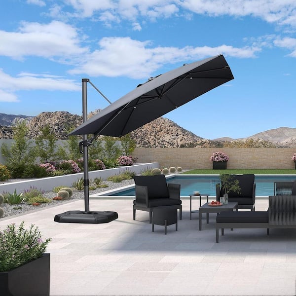 PURPLE LEAF 9 ft. x 12 ft. Cantilever Patio Umbrella Swivel Aluminum Offset 360° Rotation Umbrella with Base, Gray
