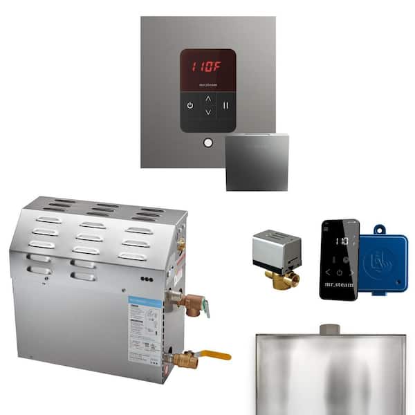 MS 7.5 kW (7500 W) Steam Shower Generator Package with square iTempo Control in Satin Steel and Accessories