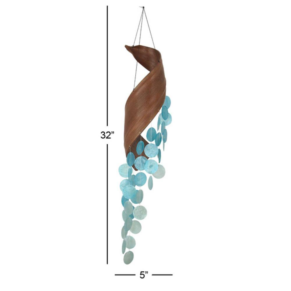 Teal Capiz Shell Spiral Wind Chime with Wooden Accent