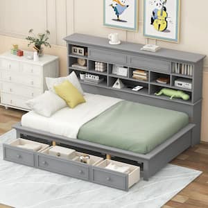 Multi-Functional Gray Twin Size Wood Daybed with Storage Shelves, Compartments, 3-Drawers, USB/Wireless Charging