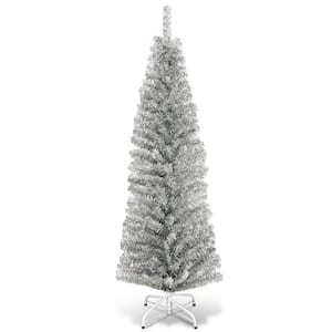 6 ft. Silver Unlit Metal Tinsel Artificial Tree Slim Pencil Christmas Tree