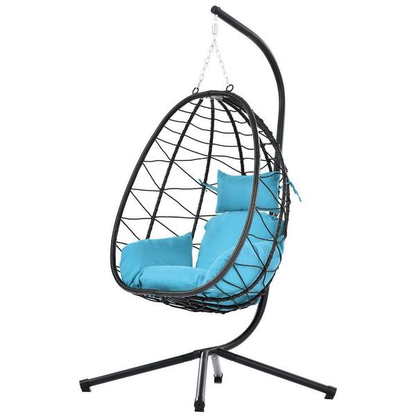 Metal Patio Wicker Hanging Egg Chair with Stand and Light Blue Cushion