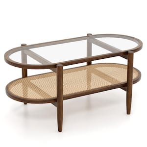 2-Tier 40 in. Brown Oval Tempered Glass Top Coffee Table with PE Rattan Shelf And Acacia Wood Frame