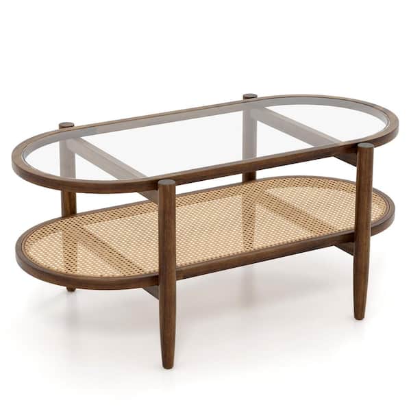 Costway 2-Tier 40 in. Brown Oval Tempered Glass Top Coffee Table with PE Rattan Shelf And Acacia Wood Frame