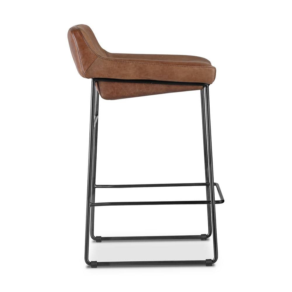Cappuccino Leather Counter Stool with Iron Legs, Set of 2