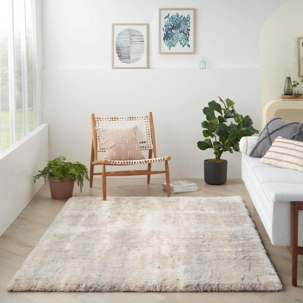 Ivory Beige Abstract Shag 5' x 7' Synthetic Area Rug