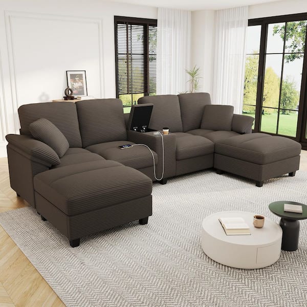 116.9 in. Corduroy Modern U-Shaped Sectional Sofa in Brown with Storage Ottomans, Cup Holders, USB Ports