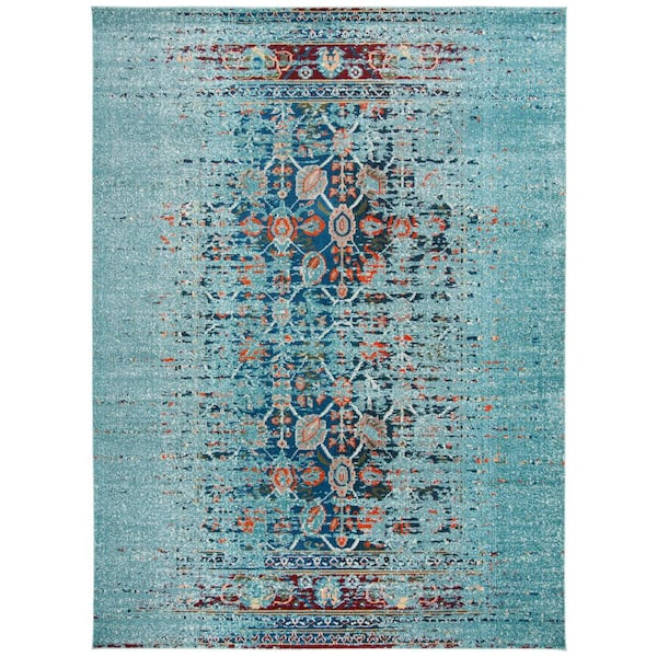 Monaco Blue/Multi 8 ft. x 10 ft. Distressed Floral Border Area Rug